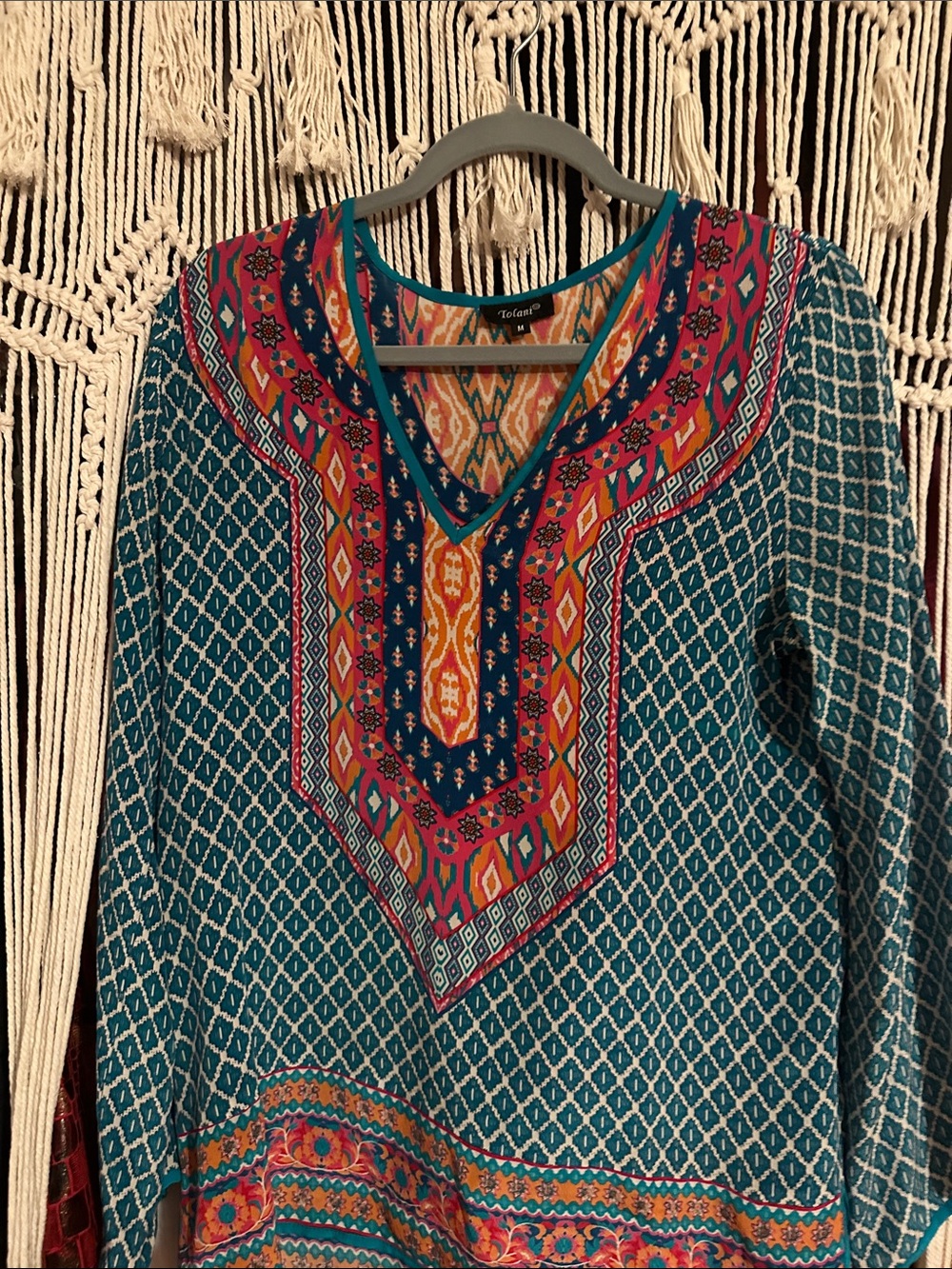 Tolani Teal Multicolor Printed V-Neck Tunic with Coral and Navy Accents